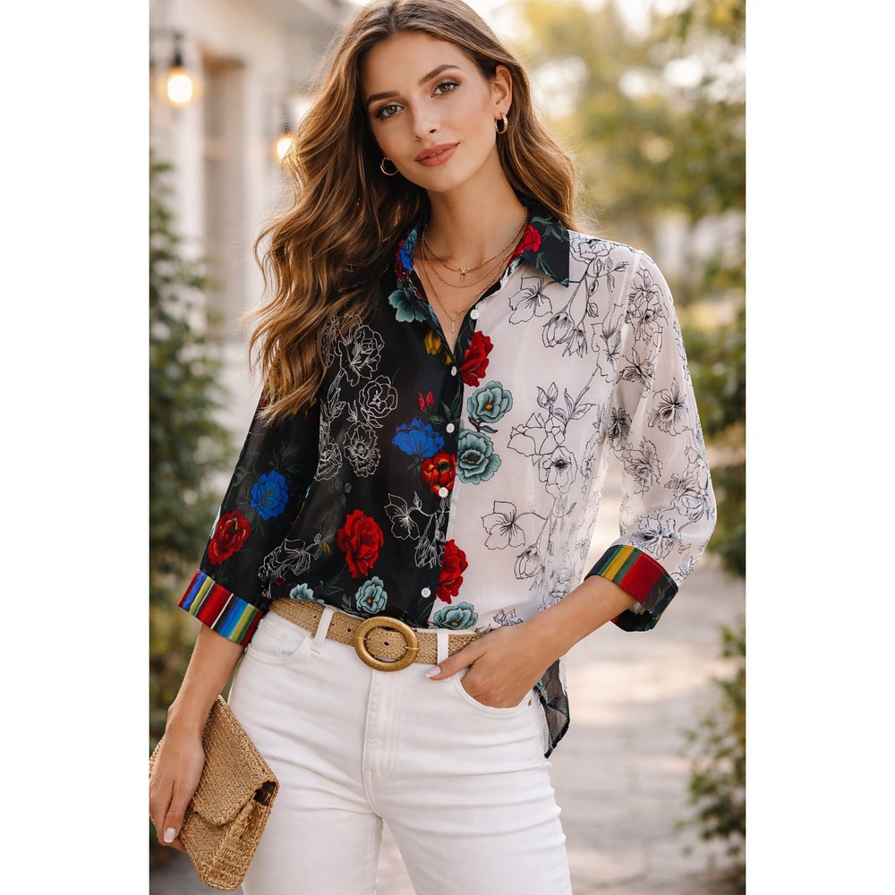Vintage Collection Sheer Floral Blouse L Mixed Print Button Up Boho Cottagecore‎